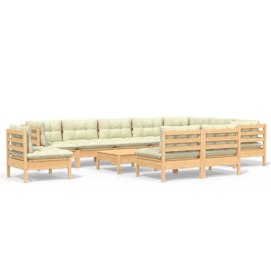 Salon de jardin 11 pcs avec coussins crème bois de pin solide