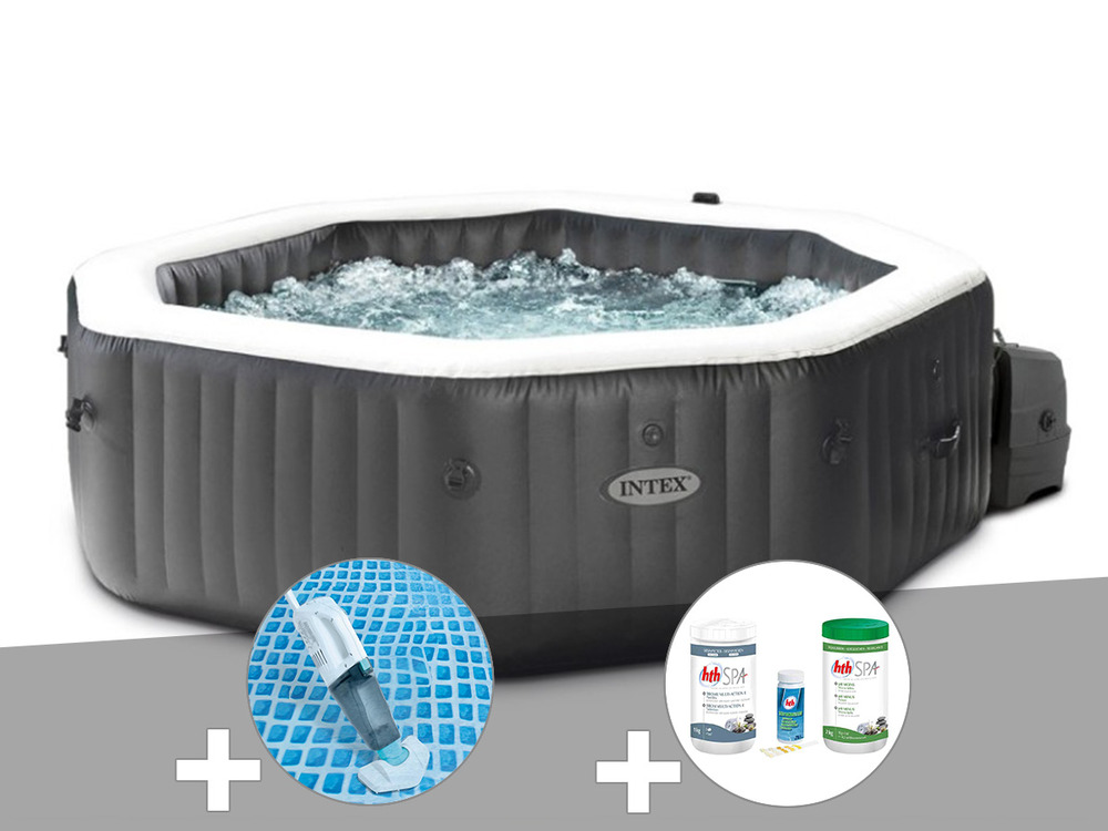 Kit spa gonflable purespa carbone octogonal bulles et jets 4 places + kit trait