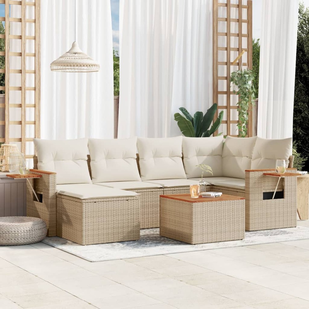 Salon de jardin avec coussins 7 pcs beige résine tressée
