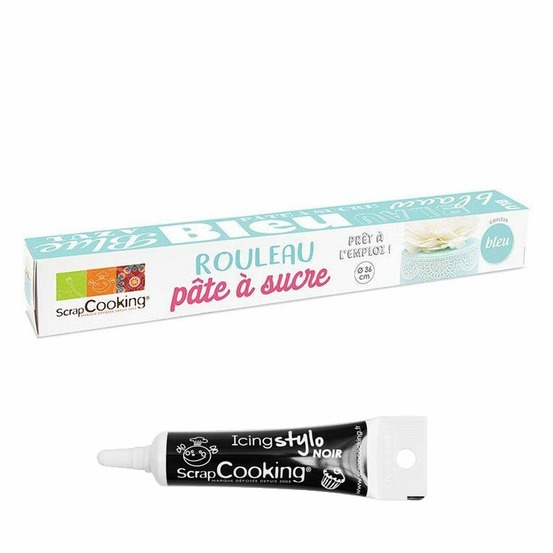 Rouleau de pâte à sucre bleu 430 g + stylo de glaçage noir