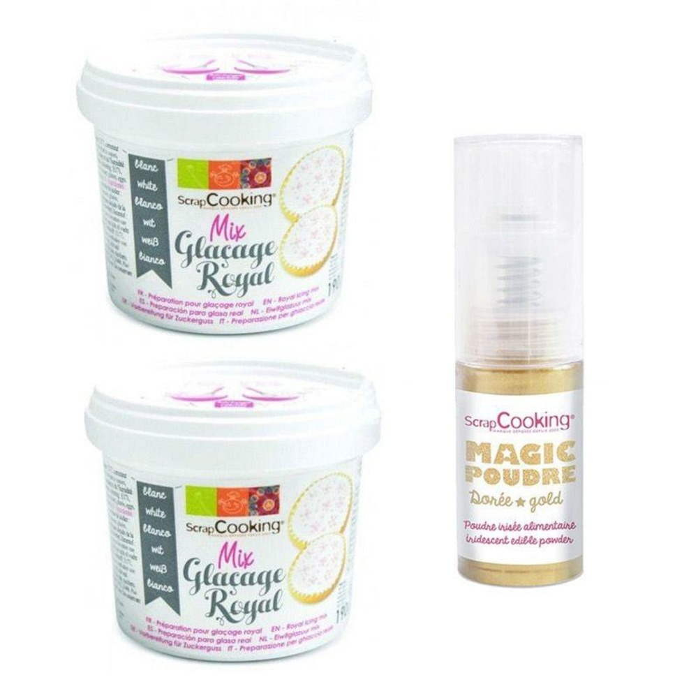 Préparation glaçage royal blanc 380 g + 1 poudre alimentaire irisée dorée