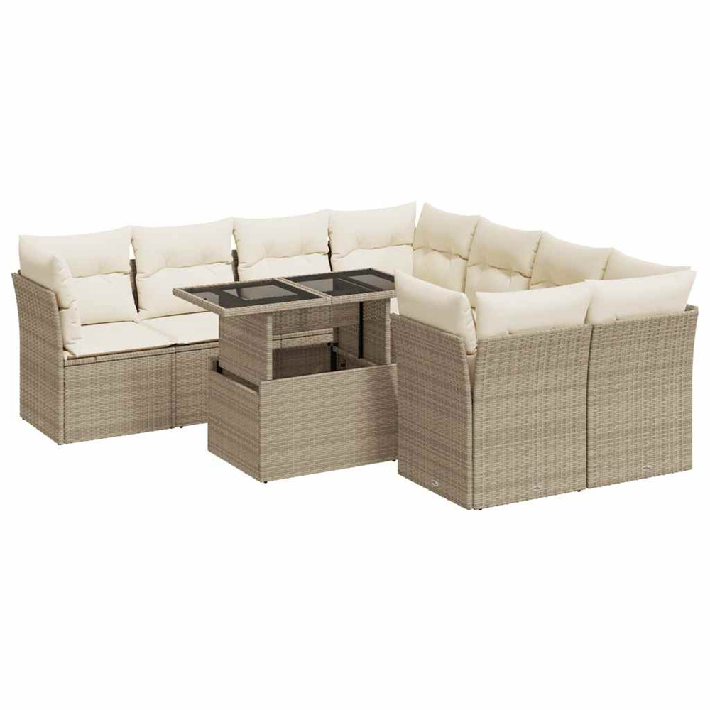 Salon de jardin avec coussins 9 pcs beige résine tressée