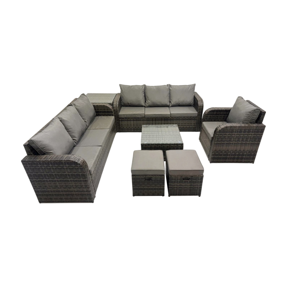 Salon de jardin exterieur avec canapés table basse carrée chaise inclinable table d'appoint 2 petits tabourets gris foncé mixte