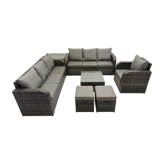 Salon de jardin exterieur avec canapés table basse carrée chaise inclinable table d'appoint 2 petits tabourets gris foncé mixte