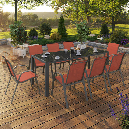 Salon de jardin madrid table 190 cm et 8 chaises empilables terracotta
