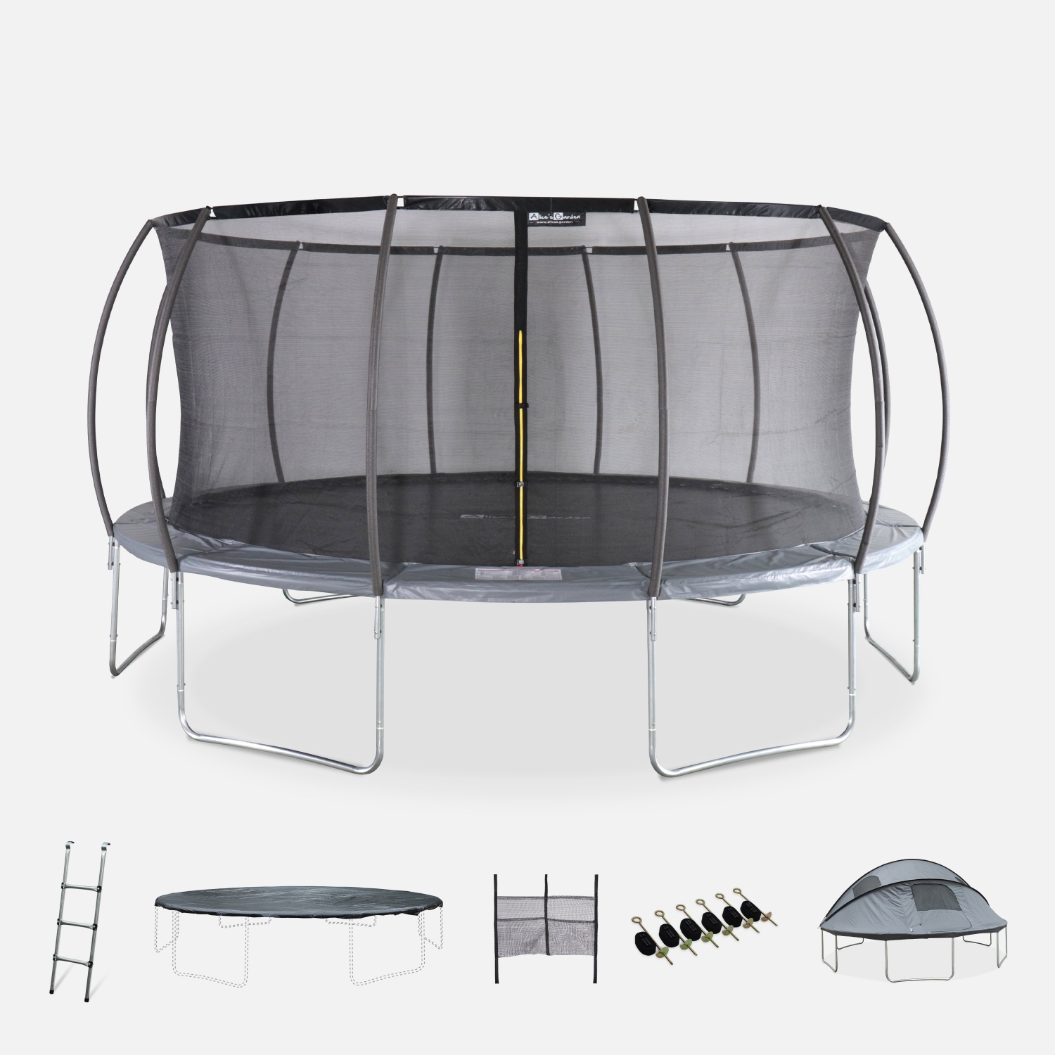 Trampoline 430cm filet intérieur avec pack d'accessoires + tente de camping avec sac de transport