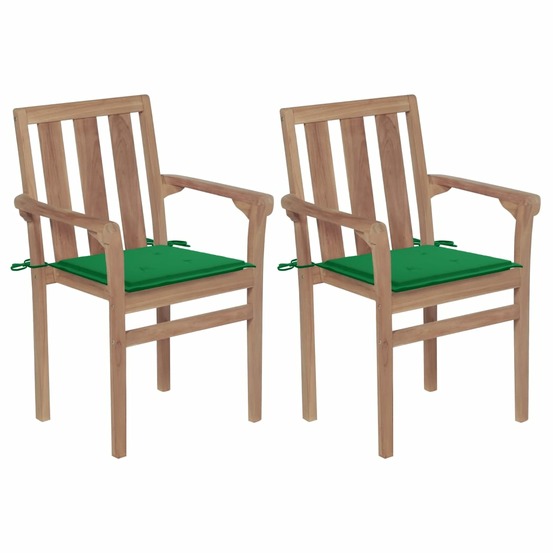 Chaises de jardin lot de 2 et coussins vert bois de teck massif
