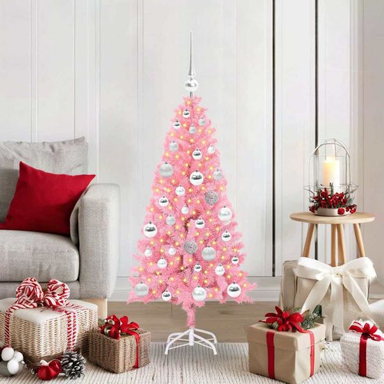 Sapin de noël artificiel 120 cm rose, prêt à poser avec lumières led et 61 boules