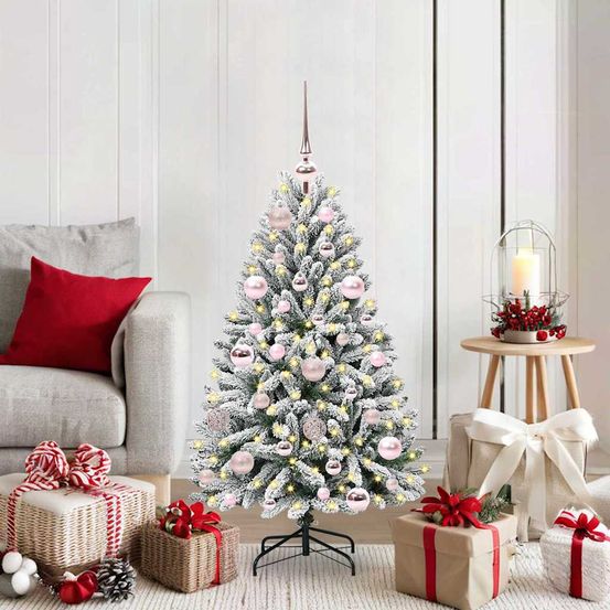 Sapin de noël artificiel 120 cm aspect enneigé, pack avec 61 boules et lumières led 8 modes