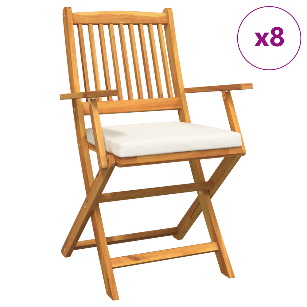 Chaises de jardin pliantes avec coussin blanc 8 pièces en bois d'acacia solide