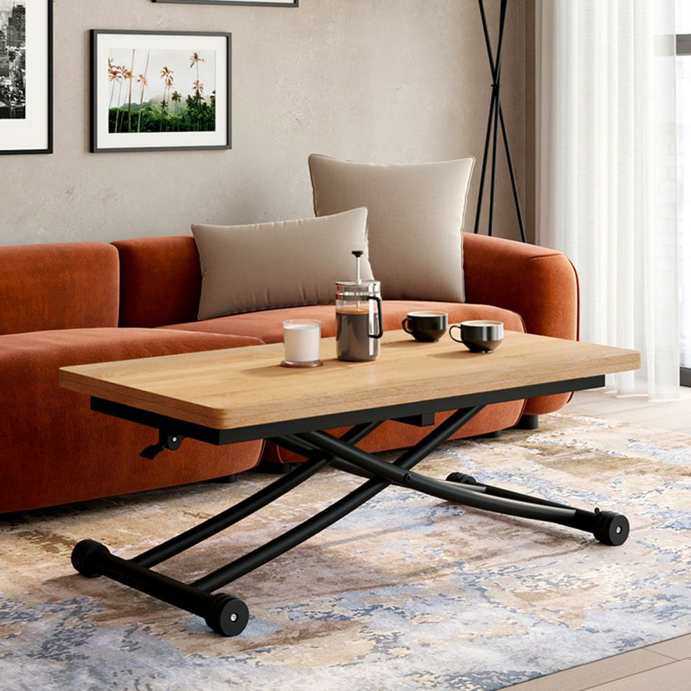 Table basse 2 en 1 relevable en table à manger rectangulaire urbana 100 cm bois et noir design industriel