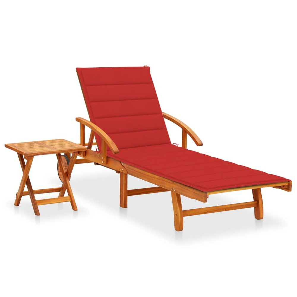Transat chaise longue bain de soleil lit de jardin terrasse meuble d'extérieur avec table et coussin bois d'acacia