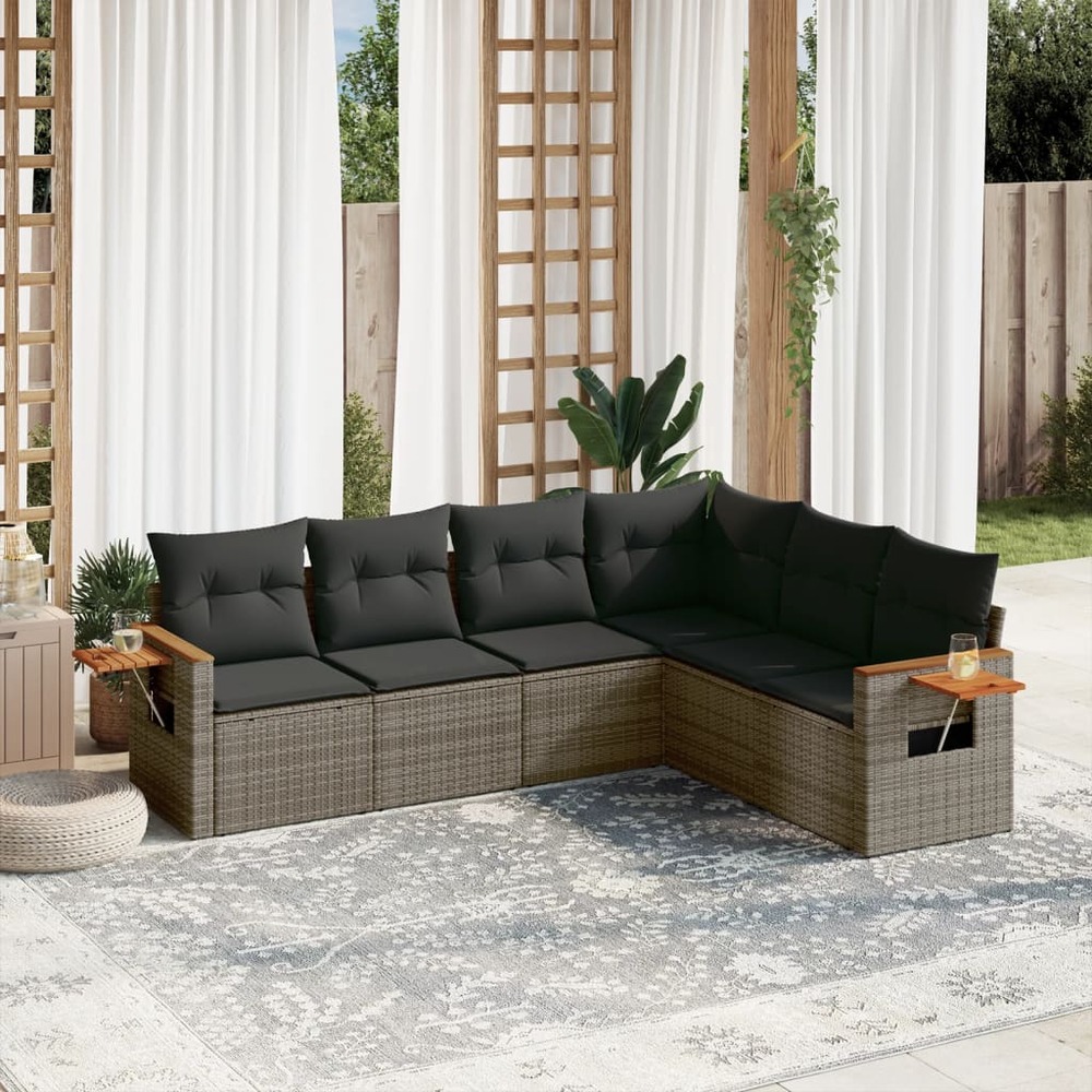 Salon de jardin 6 pcs avec coussins gris résine tressée