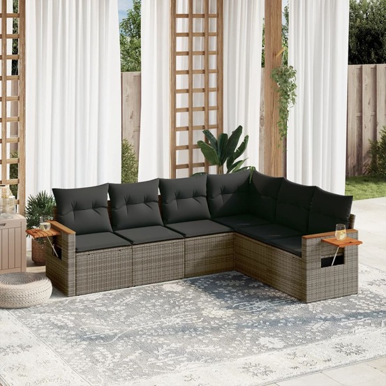 Salon de jardin 6 pcs avec coussins gris résine tressée