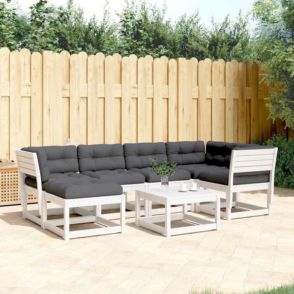 Salon de jardin 6 pcs avec coussins blanc bois massif de pin
