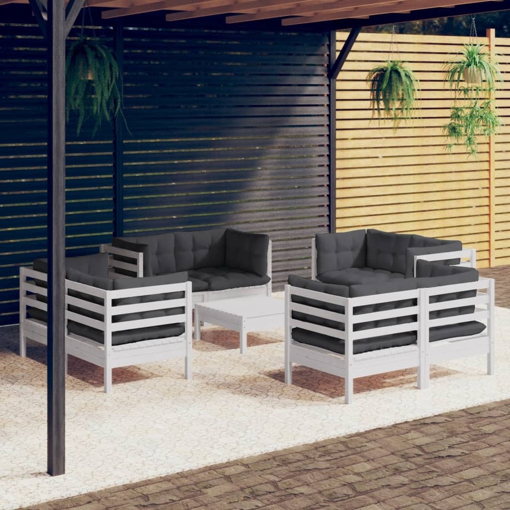 Salon de jardin 9 pcs avec coussins anthracite bois de pin
