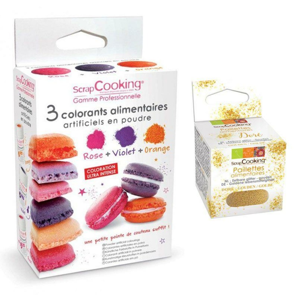 3 colorants alimentaires orange, violet, rose + paillettes dorées