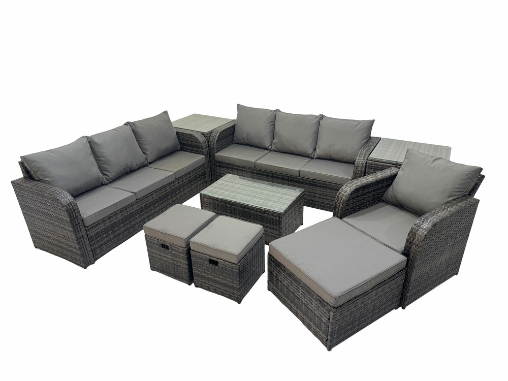 10 places ensemble de canapés en rotin salon de jardin avec table basse rectangulaire canapé 3 places 3 tabourets 2 tables d'appoint