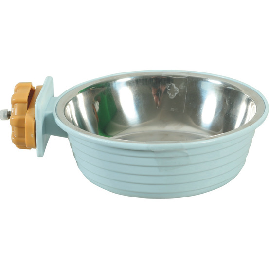 Mangeoire en plastique bleu et inox pour lapin et cochon d'inde.