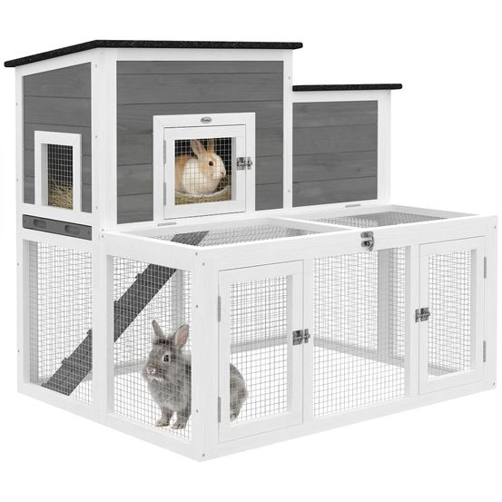Clapier bois extérieur intérieur 2 niveaux toit ouvrant imperméable 97x75x90cm gris