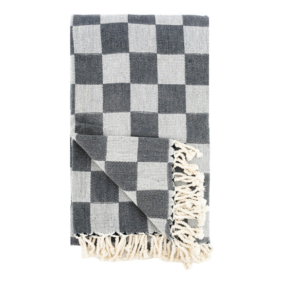 Plaid en coton damier gris avec franges