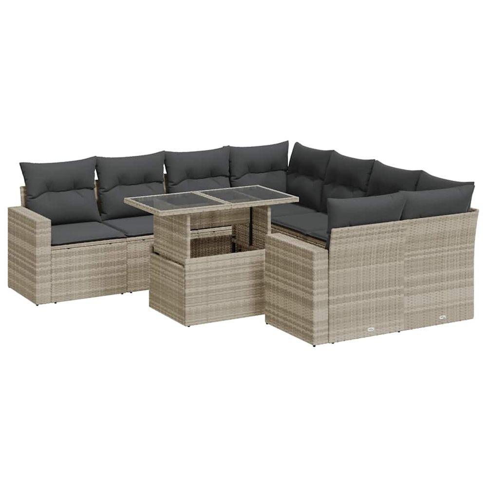 Salon de jardin 9 pcs avec coussins gris clair résine tressée