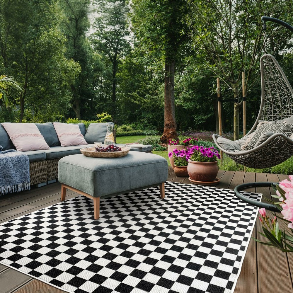 Tapis extérieur, kilim reversible 160x230 motif damier lyn2 x reversible noir et blanc