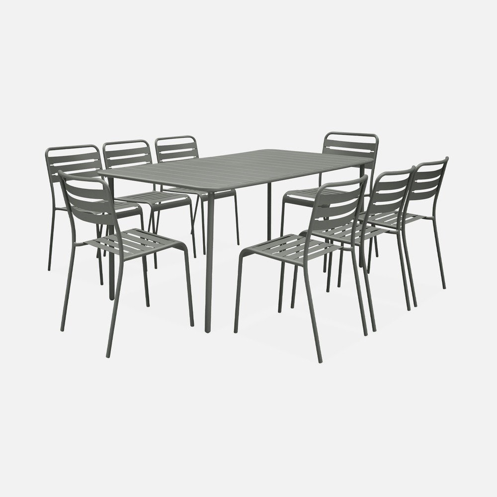 Table de jardin en métal + 8 chaises, traitement antirouille, lattes et bords arrondis