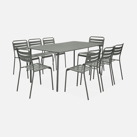 Table de jardin en métal + 8 chaises, traitement antirouille, lattes et bords arrondis