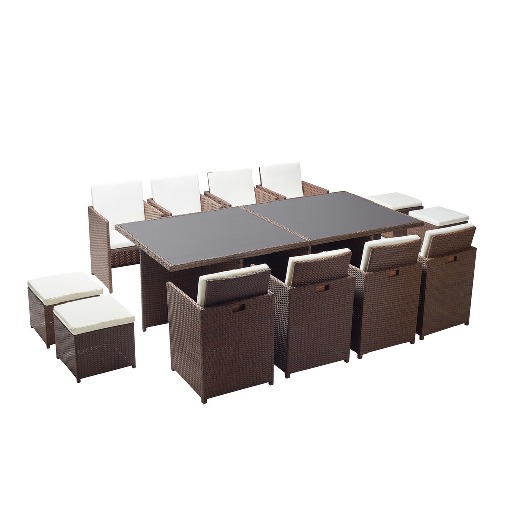 Table et chaises 12 places encastrables résine marron-blanc monaco