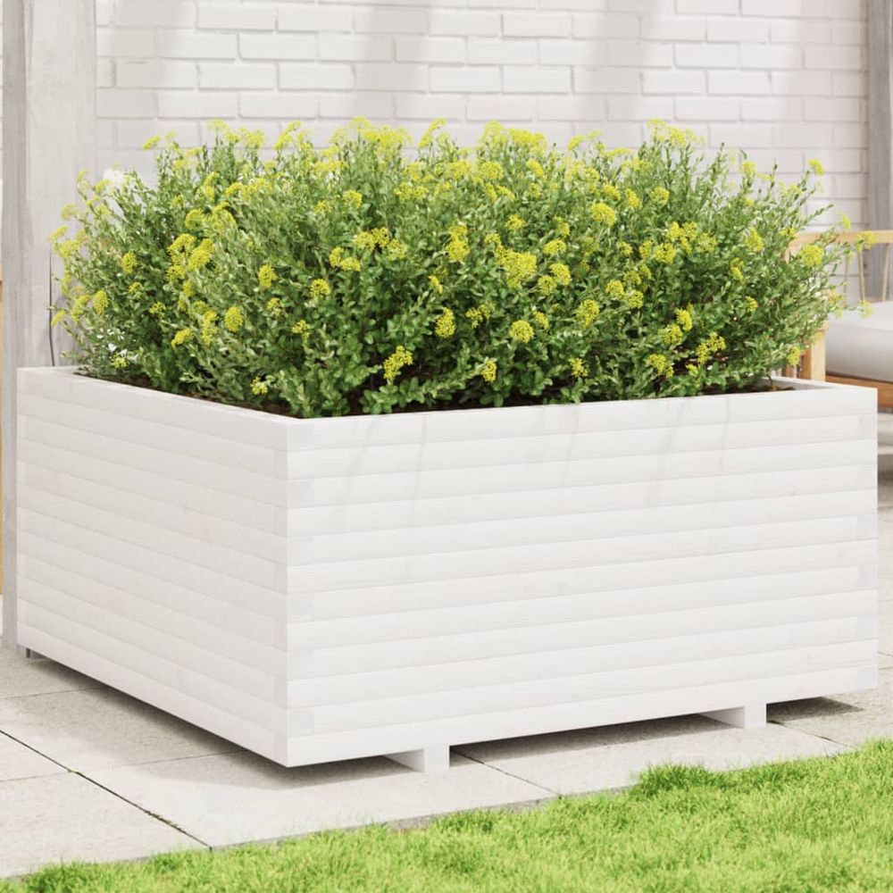 Jardinière carrée bois massif pour jardin terrasse balcon blanc 100x100cm