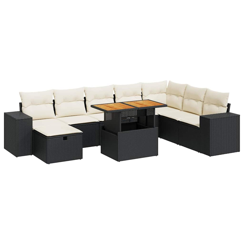Salon de jardin avec coussins 9 pcs noir résine tressée acacia