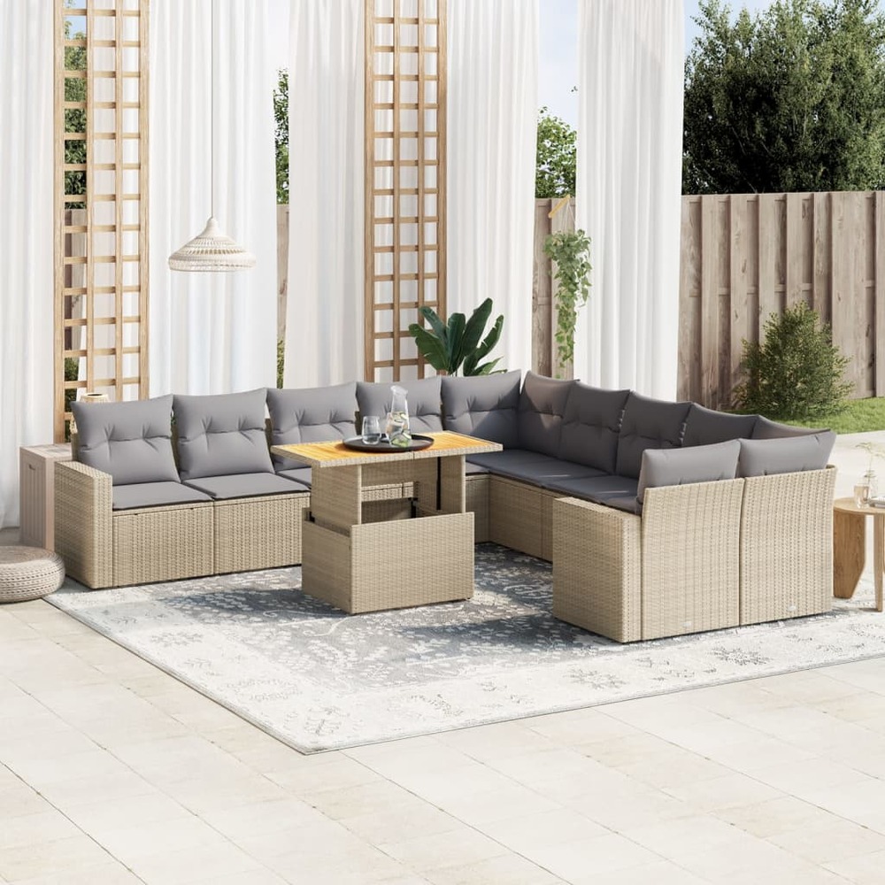 Salon de jardin 11 pcs avec coussins beige résine tressée