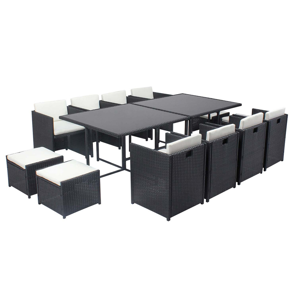 Table et chaises 12 places encastrables résine noir-blanc miami