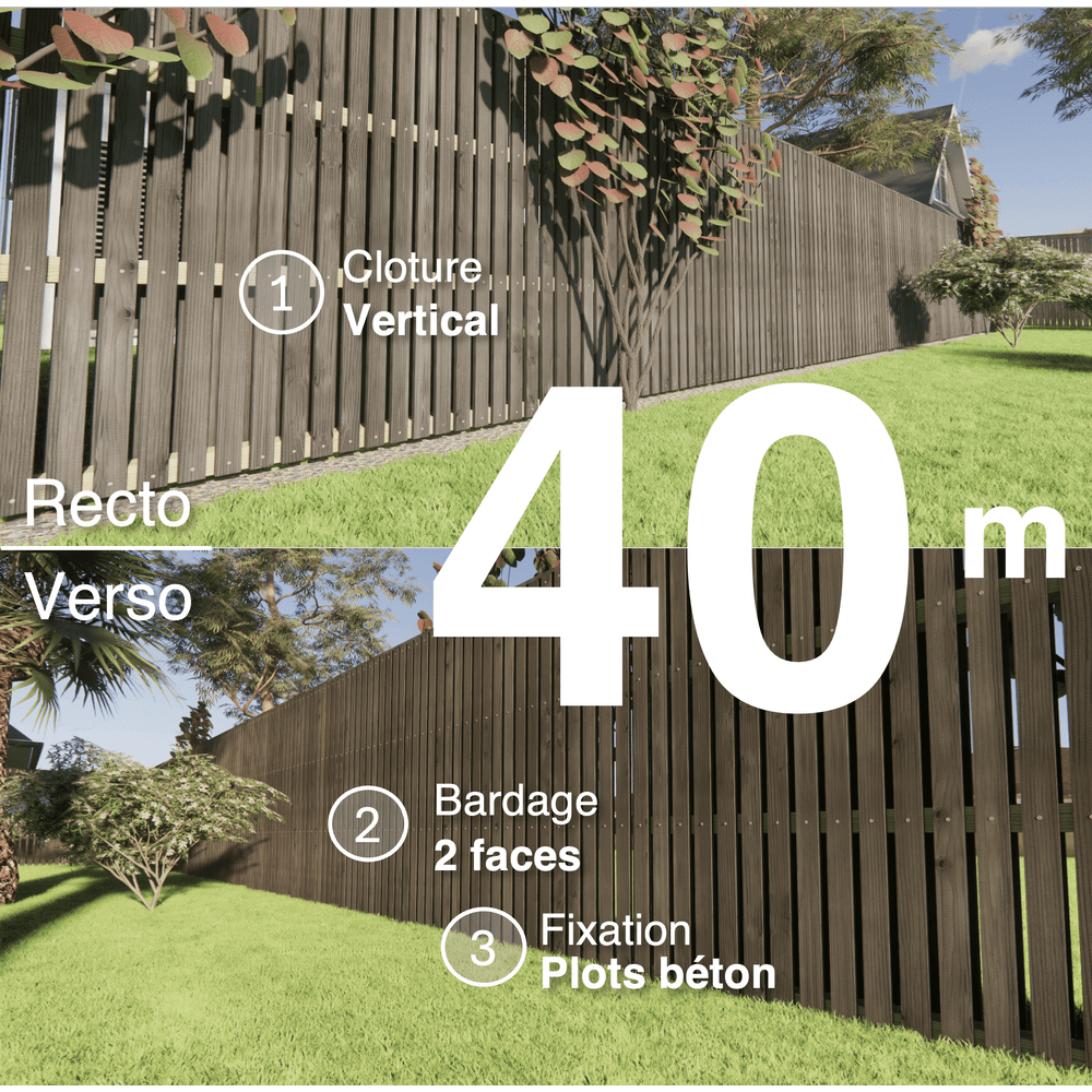 Kit clôture bois moderne 40m – h 1,9m – 20 x 70 mm noir par trempage – pose vertical – double face – à sceller