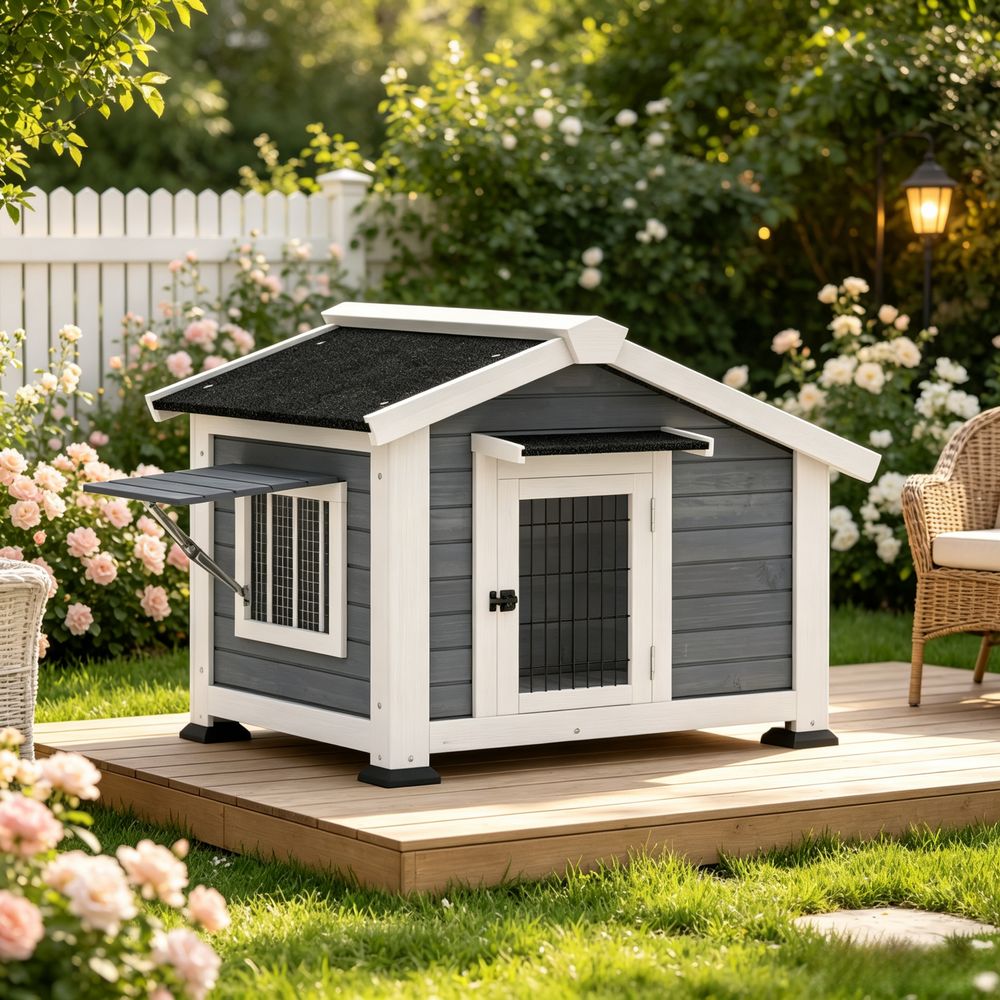 Niche chien surélevée bois métal gris 98 x 76 x 69,5 cm toit étanche amovible jardin