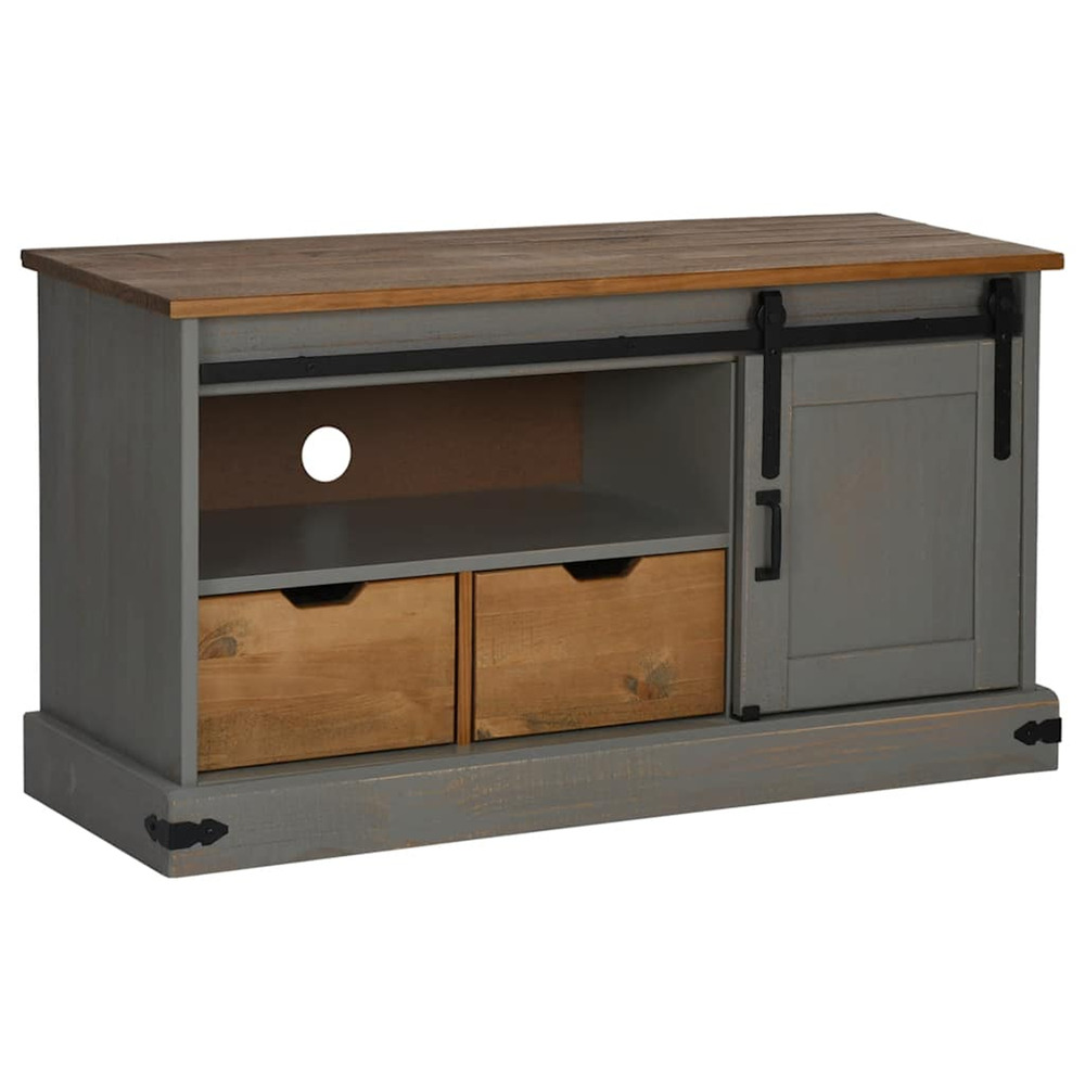 Meuble tv halden porte coulissante gris 110x40x60cm bois massif