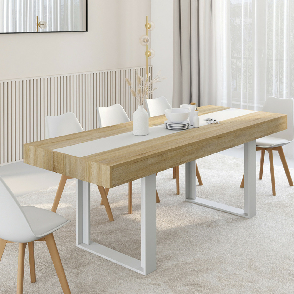 Table à manger extensible rectangle phoenix 4-8 personnes bois et blanc bande centrale blanche 160-200 cm