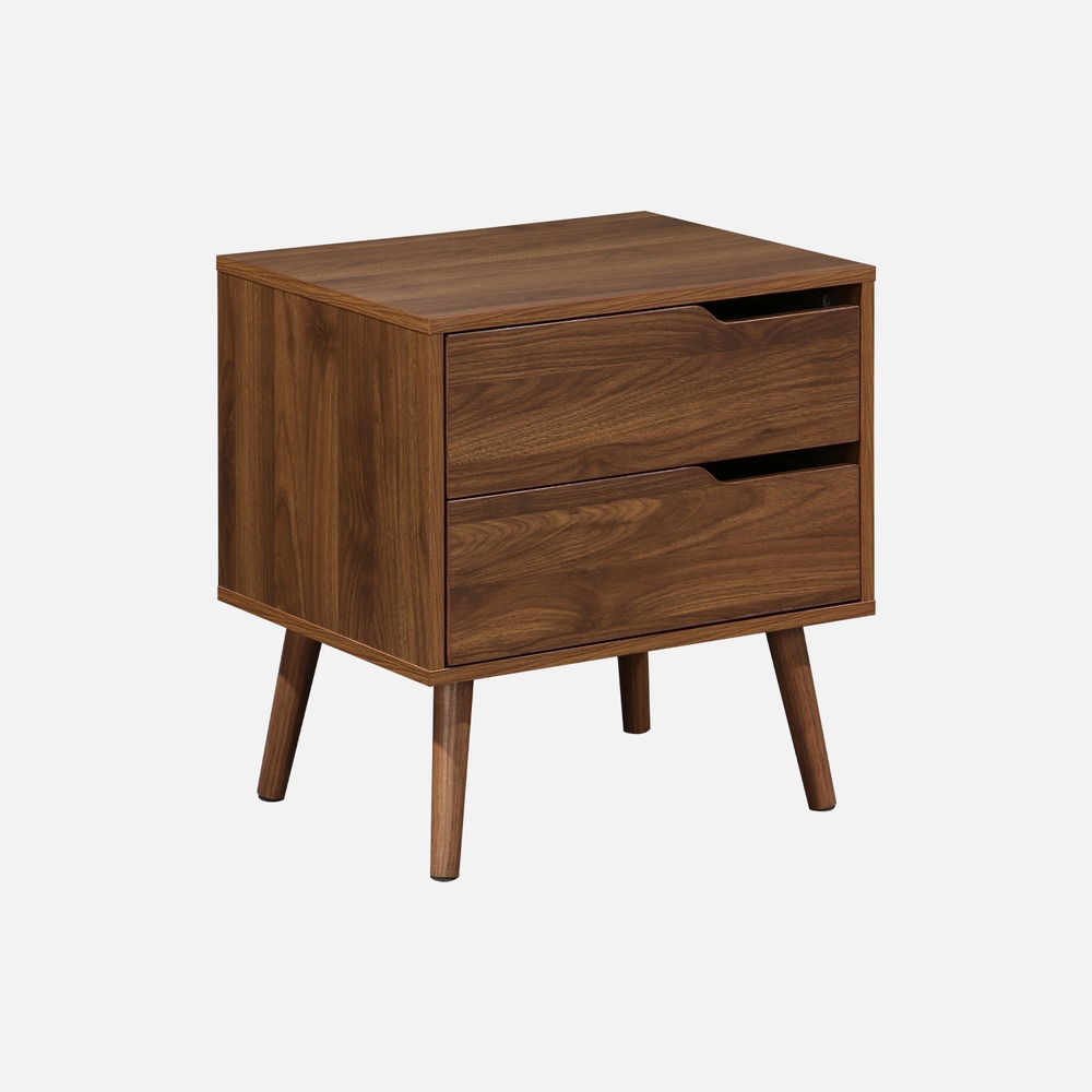 Table de chevet décor bois teinté noyer, 2 tiroirs, pieds en pin massif