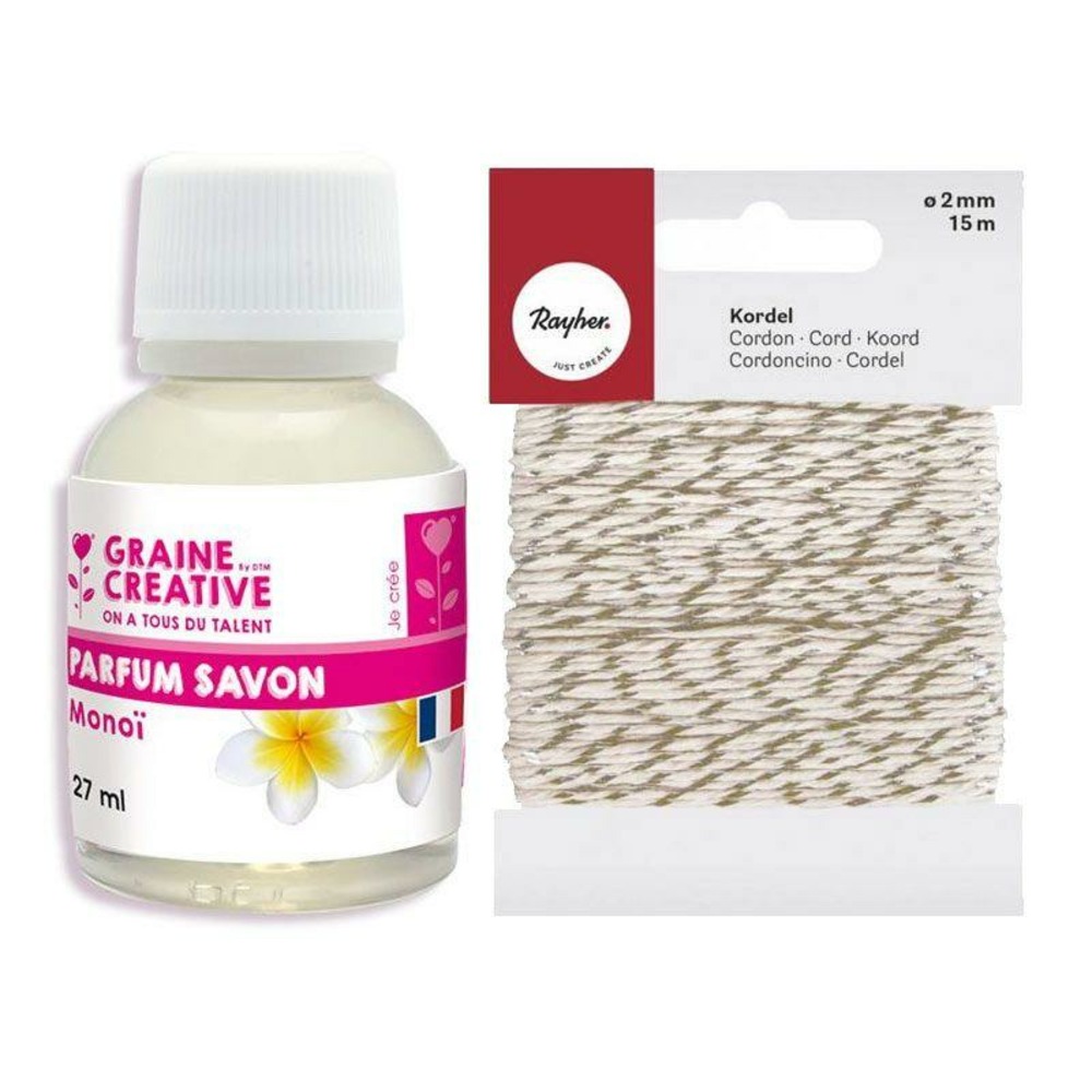 Parfum pour savon 27 ml monoï + ficelle dorée & blanche 15 m
