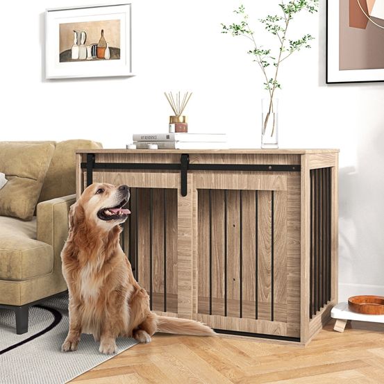 Meuble cage chien intérieur bois noyer acier porte coulissante 98cm