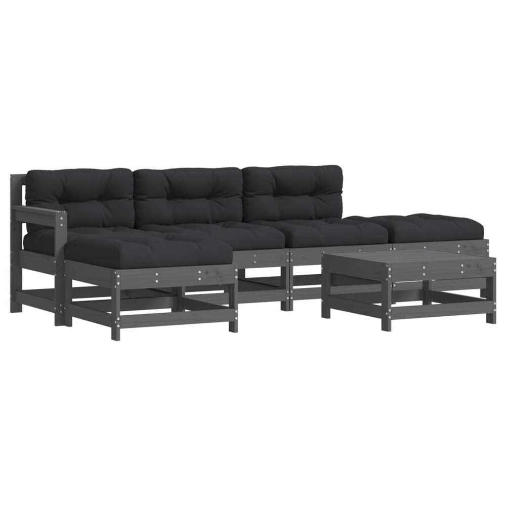 Salon de jardin 6 pcs avec coussins gris bois massif