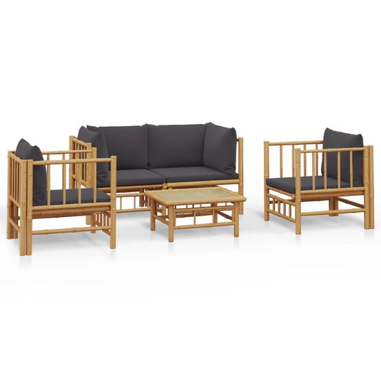 Salon de jardin 5 pcs avec coussins gris foncé bambou