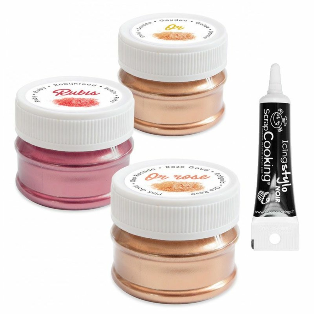 3 colorants alimentaires doré, argenté, cuivré + stylo glaçage noir