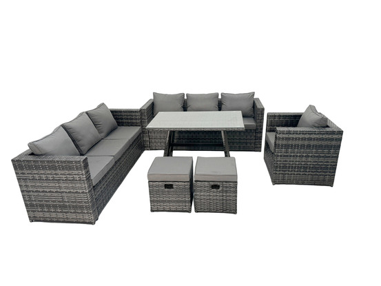 9 places ensemble de canapé en rotin extérieur avec table à manger fauteuil 2 petits tabourets gris foncé mixte