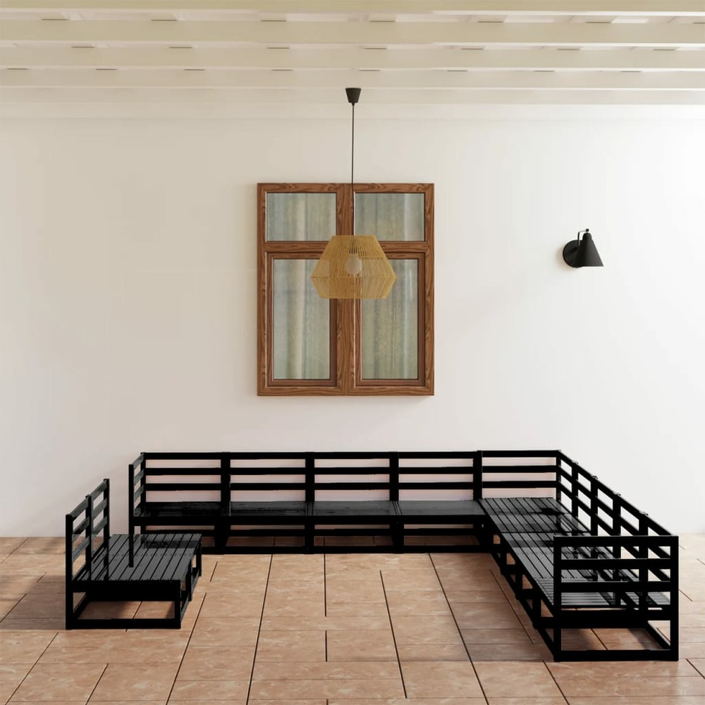 Salon de jardin 11 pcs noir bois de pin massif