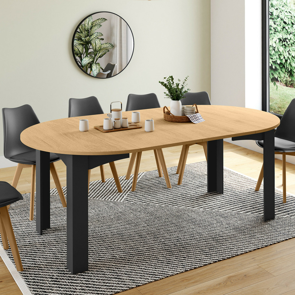 Table à manger extensible ronde dona 4-10 personnes noire plateau façon hêtre 110-200 cm