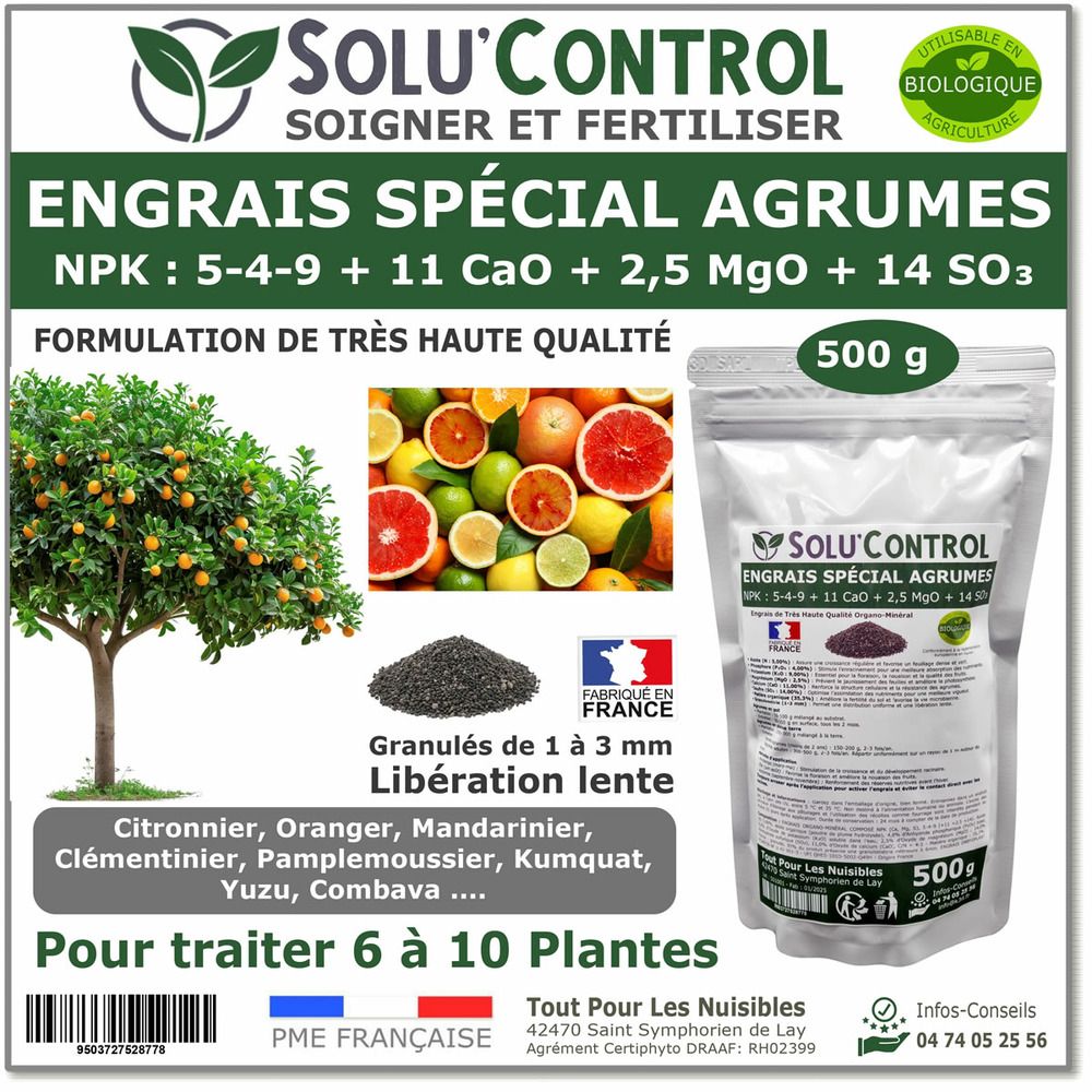 Engrais spécial agrumes 500 g - solucontrol - formulation haute qualité organo-minerale - citronnier, oranger, mandarinier...