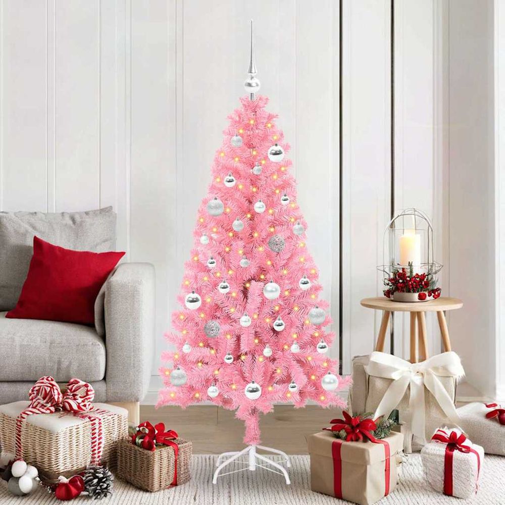 Sapin de noël rose tendance 150 cm, illuminé et décoré pour intérieur/extérieur abrité