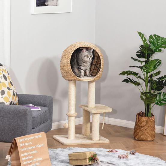 Arbre à chat sisal peluche niche tressée griffoir et jeu 100cm beige - comfortxl pet living